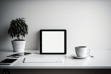 Minimalist office with blank tablet mockupの素材