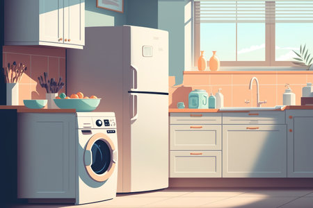 Light colored kitchen interior with a washing machine, an oven, and white countertopsの素材