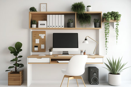 Minimal Scandinavian working space with PC desktop computer on wood table, wood chair, house plants, sofa, white built-in shelves and cabinets on white wallの素材