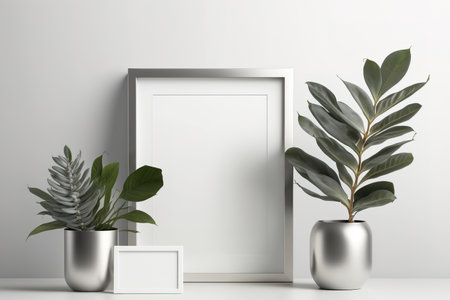 Minimalist stylish composition mockup template with two silver blank frames, zamioculcas plant in glass vase and empty silver potの素材