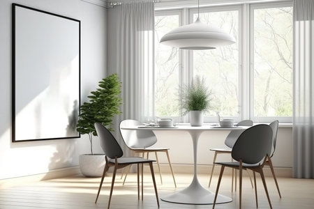Light eating room interior with table and chairs on parquet floor. Dining room with furniture near window with countryside. Copy space blank frame,の素材