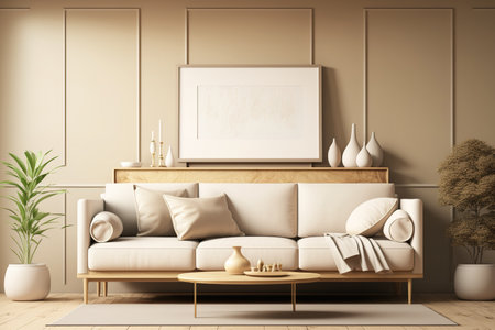 Living room interior wall mockup in warm neutrals with low sofa on decorative beige wall backgroundの素材