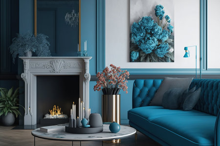 Living room with a bright blue sofa very peri color 2022. Fireplace, candles and flowers, cozy home in trendy colorsの素材