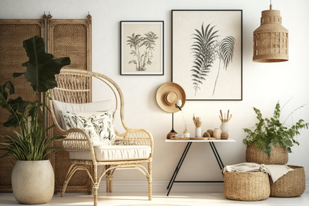 Scandi-boho home interior mockup with rattan furnitureの素材