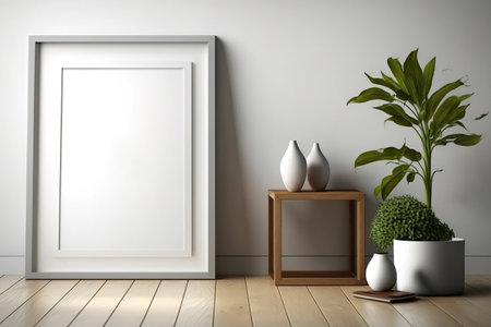 Minimalist and clean horizontal wooden poster or photo frame mockup in a room wooden floor.の素材