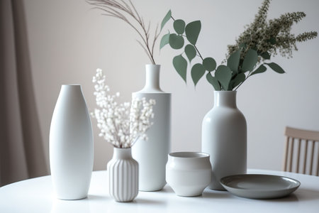 Minimalism. White table, modern vases. High-tech vasesの素材