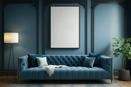 Luxury living room with blue classic sofa and wall, mockup poster on the wallの素材