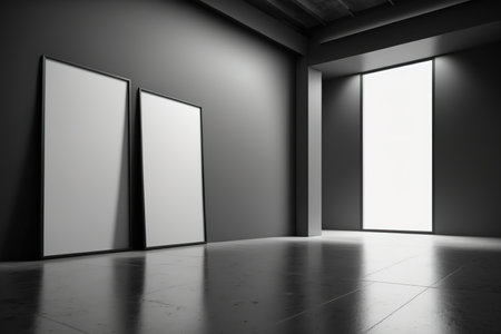 Minimalistic gallery interior with empty black wall. Gallery, advertisement, presentation concept. Mocak up,の素材