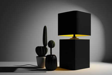 minimal concept of an abstract idea. The tables is lit dimly by a black table lamp. A photo frame, a stylised cactus in a pot, and a geometric object are all nearbyの素材