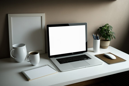 Laptop computer with a blank, white screen, a coffee cup, and other office supplies in a loft. with space for your text or mockup in the copyの素材