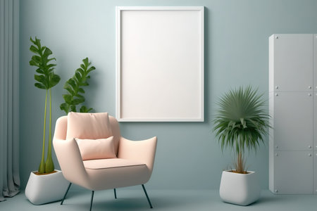Minimal Room with Designer Armchair, Carpet, Indoor Plant, and Empty Frame Mockup. Art, print, and wallpaper mockups are best with pastel colors, minimal shapes, and empty framesの素材
