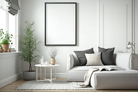 Living room interior with mock up poster frame. Scandinavian designの素材