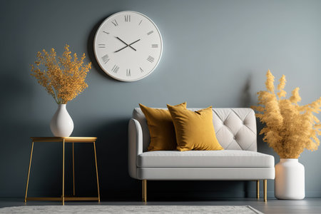 Modern living room with gold clock, wooden bench, and dried flower. Copiesの素材