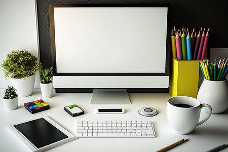 Workspace with blank white desktop computer, pencils, and stationery. Graphics display montage blank screenの素材