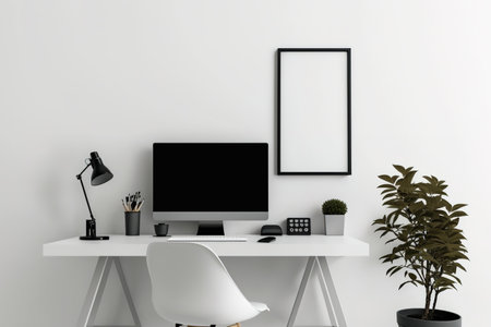 Minimal workspace with copy space, camera and office supplies on white desk and white wall backgroundの素材