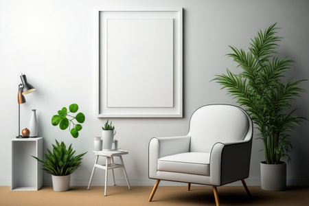 Minimal Room with Designer Armchair, Indoor Plant, Carpet, and Empty Frame Mockup. Art, print, and wallpaper mockups are best with bright colors, minimal shapes, and empty framesの素材