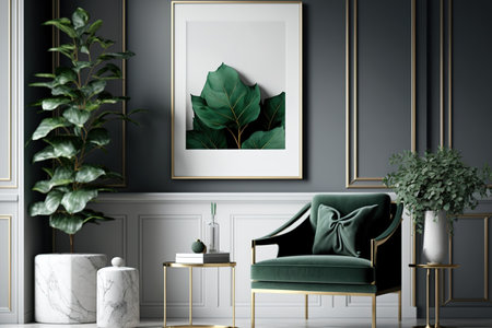 Minimalistic and luxury living room of apartment interior with elegant green armchair, gray stand and chic accessories. Mock up paintings frame on the molding gray wall. Stylish home decor. Templateの素材