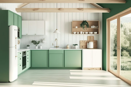 Minimalist japandi wooden kitchen in white and green tones. Parquet floor, beams ceiling and bamboo wallpaper. Farmhouse interior design, illustrationの素材