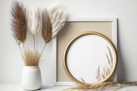 mockup of a white background, a round box, and an empty wooden frame with dried pampas grass. artistic idea copy roomの素材