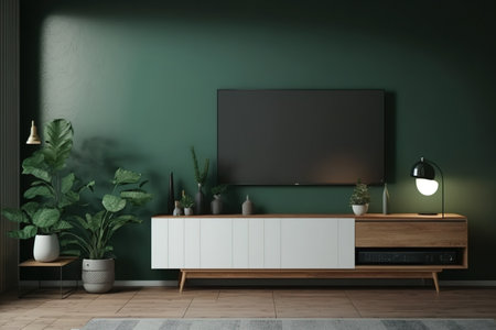 A living room with a wood cabinet and a wall-mounted television can be seen against a dark green wallの素材