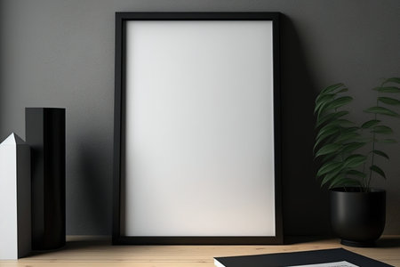 Mockup of a vertical, simple black poster or photo frame on a wooden table leaning against a wall in a roomの素材