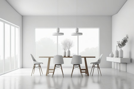 Standing in a white room is a long, white dining table with white and wooden chairs. a big mock windowの素材