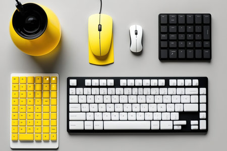 keyboard and office supplies, upper view of a workspaceの素材