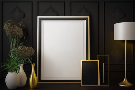 mock up blank poster frame in a modern black setting with fashionable decor, frame in an opulent and modern setting,の素材