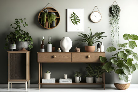 Minimalist living room interior with wooden console, beautiful plants in hipster pot, leaf, book, clock, shelf, decoration, grey wall and personal accessories in stylish home decorの素材