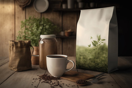 Coffee cup and bag mockup on wooden table. Coffee Mockupの素材