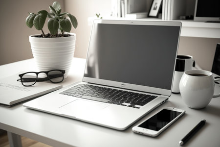 An inviting workspace with a laptop is mocked up. Blank screen for collage of graphicsの素材