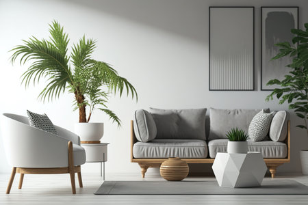 Scandinavian-style living room background with gray sofa, wooden armchair, palm tree, and coffee tableの素材