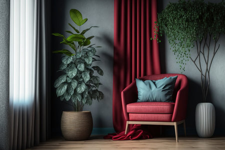 interior of living room with several plants and a crimson curtainの素材