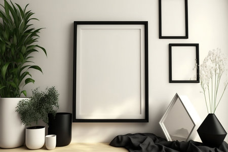 Stay home template with black picture frames on cream wallの素材