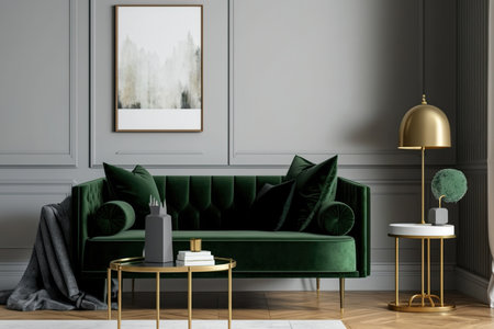 Grey home with green velvet sofa, gold coffee table, and table lamp. Inscription space, poster mockup. Wallless. Brown parquetの素材