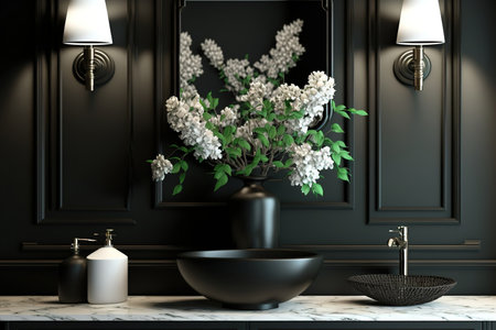 luxury interior design in black, Dark bathroom with wooden sink, silver tap, built in mirror, and background of fresh white flowers in vasesの素材