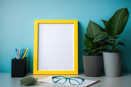 mock poster or picture frame on a vibrant, contemporary, student deskの素材
