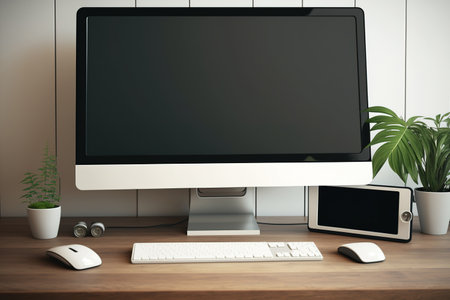 Mock up Desktop Computer on wood desk in office background. Blank screen and copy space for graphic and products display montageの素材