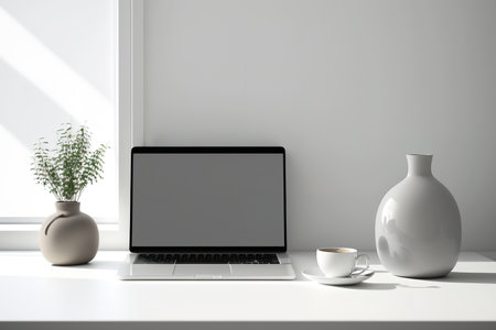 Laptop, copy space, and ceramic vase in minimalist workspace mockupの素材