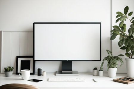 Minimalistic home workspace environment with desktop computer blank screen mock-up with vacant space for product display on wooden table against white wall, illustrationの素材