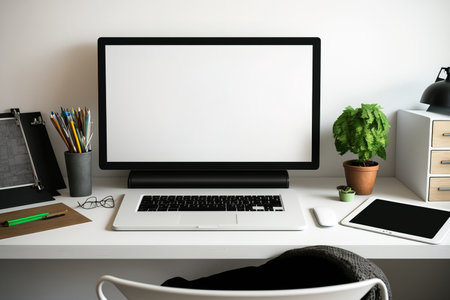 Mock up of a creative workstation for a laptop with a blank screen in a contemporary home office with supplies on a white wooden desk,の素材