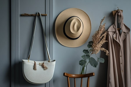 Interior of a modern wooden clothes hanger stand and toilet in a minimalist corridor with a gray wall. Hat and bag made of wicker are hanging. Copy spaceの素材