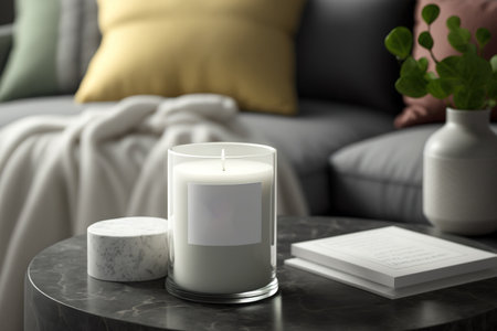 Interior mock-up of a living room: a red vase in front of a couch, an empty off-white pillar candle in a glass jar with a label and a silver colored lid, and a marble tableの素材