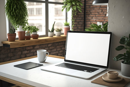 mock-up laptop with blank screen in loft workspaceの素材