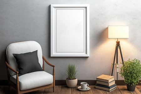 interior poster mockup in top view with a vertical blank wooden frameの素材