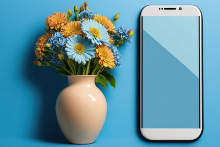 Mobile phone mockup with a blank screen and a floral wood vase on a blue backgroundの素材