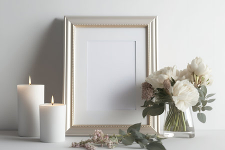Mock picture frame, candles, and a vase of new flowers on a white tableの素材