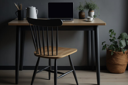 bare-bones home office with an open laptop on a black kitchen table and wooden chairs, along with some copy spaceの素材