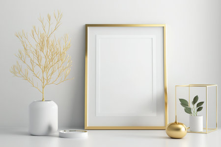 Mock up golden frame in white room with basic modern design, Nordic style,の素材