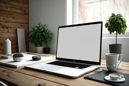 Mockup laptop with blank screen on wooden table at pleasant workplaceの素材